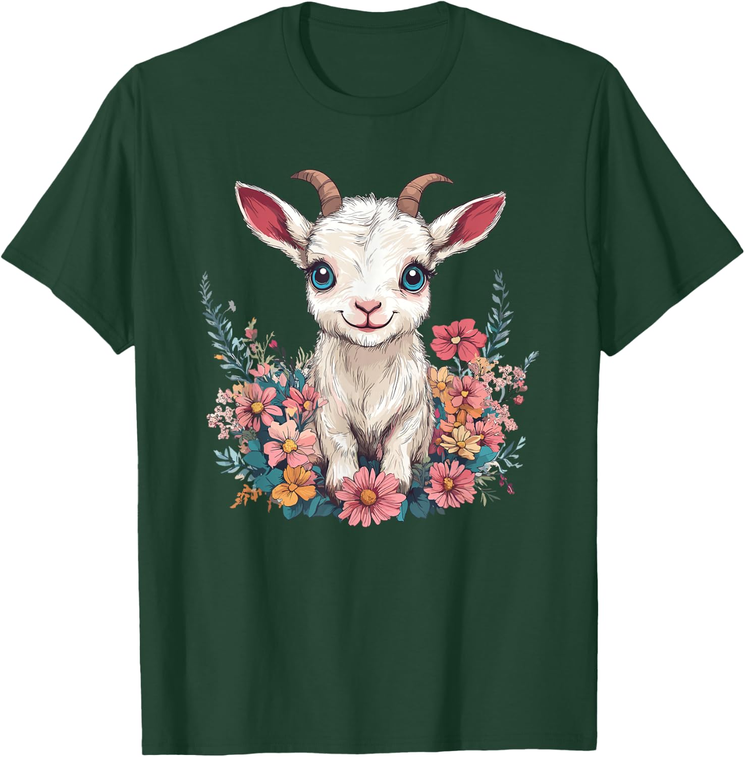 Adorable Baby Goat Surrounded By Flowers T-Shirt - T-Shirt | Forest