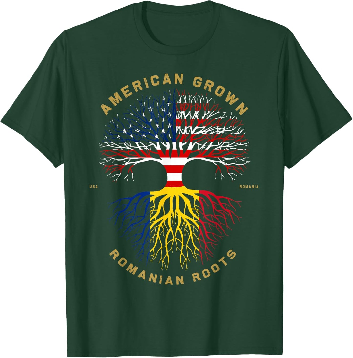 American Grown with Romanian Roots Tree USA Flag Gift T-Shirt - T-Shirt | Forest