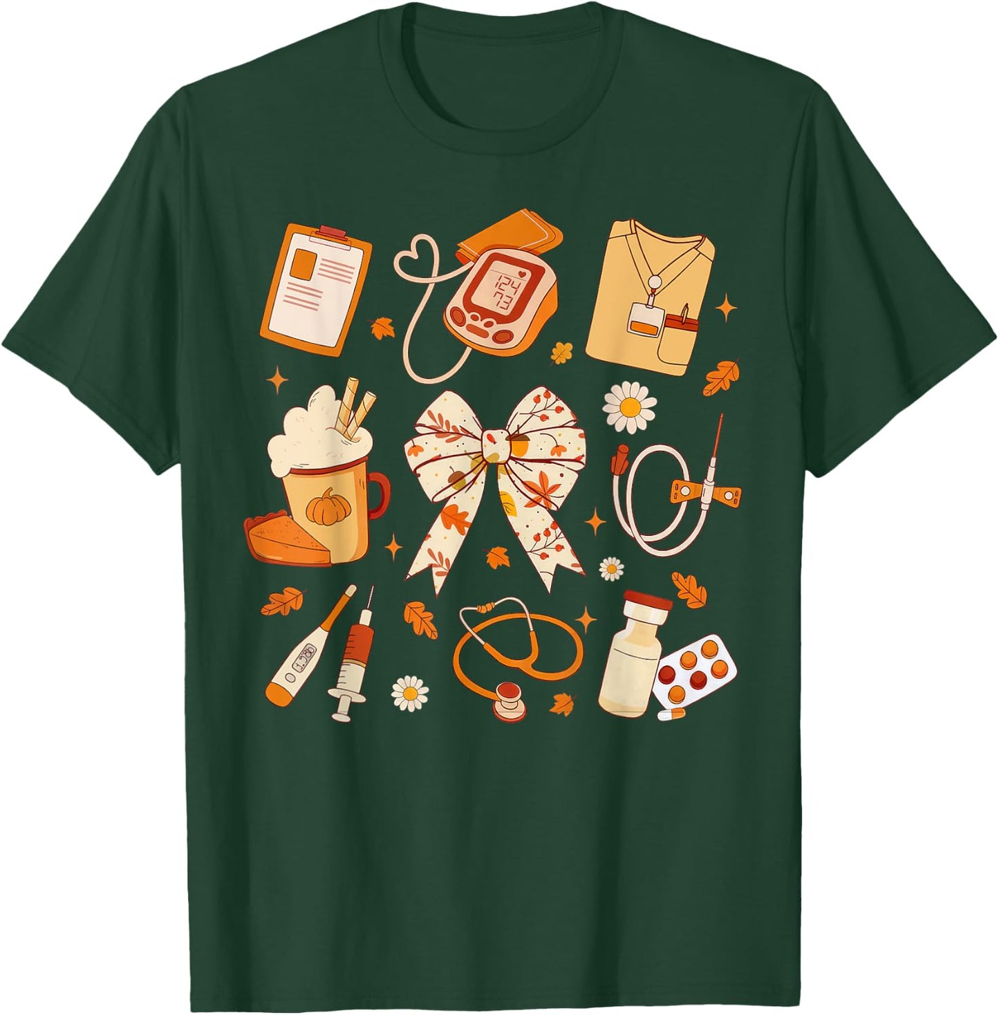 Thankful Nurse Fall Stethoscope Coquette Bow Thanksgiving T-Shirt - T-Shirt | Forest