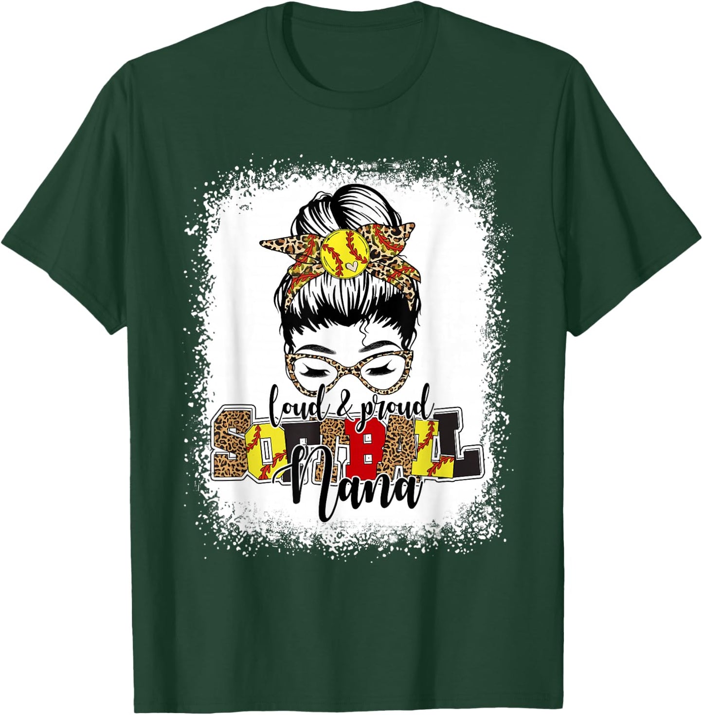 Bleached Softball Nana Leopard Messy Bun Funny Mothers Day T-Shirt - T-Shirt | Forest