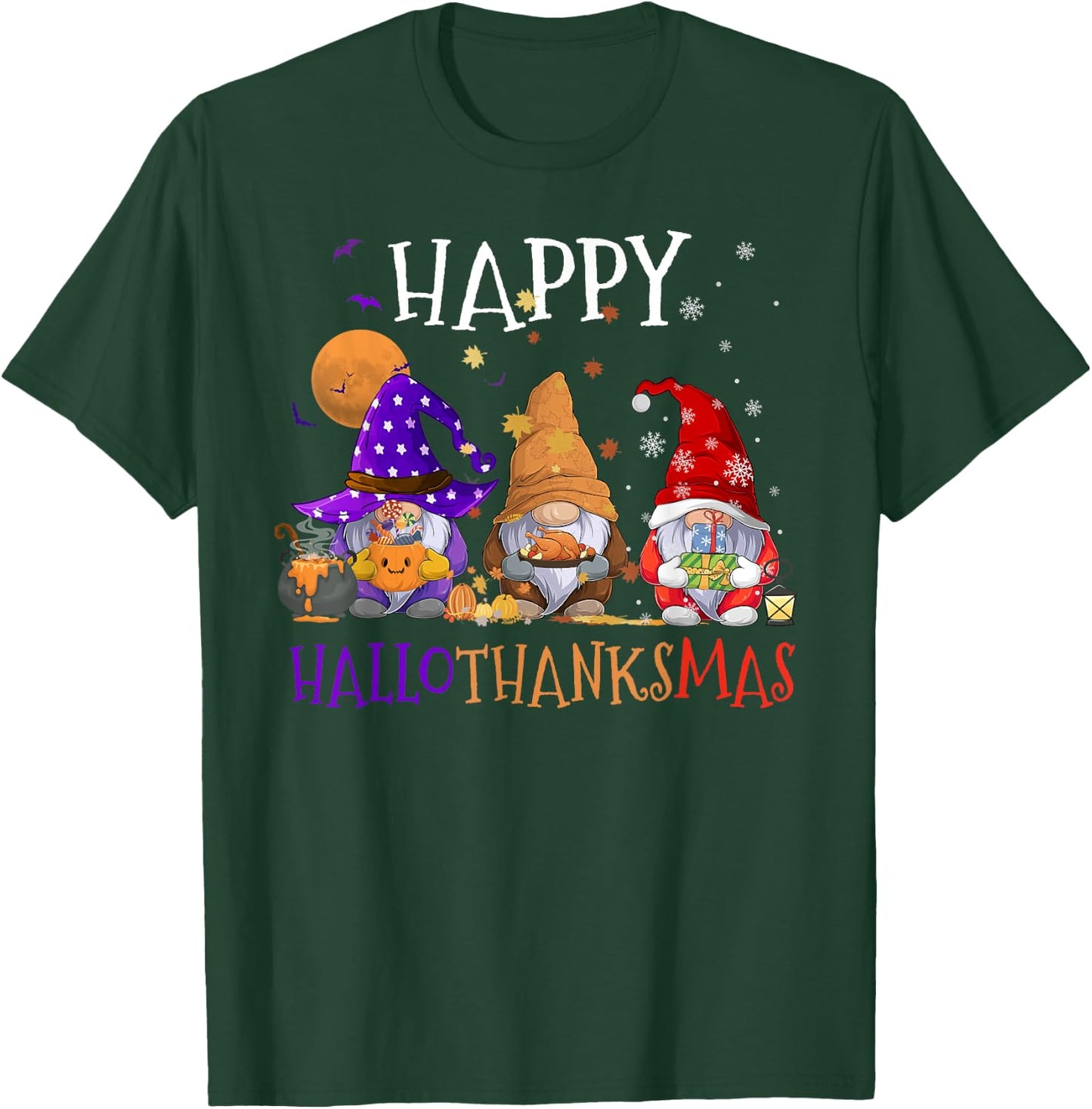 Gnomes Happy Hallothanksmas Halloween Thanksgiving Christmas T-Shirt - T-Shirt | Forest