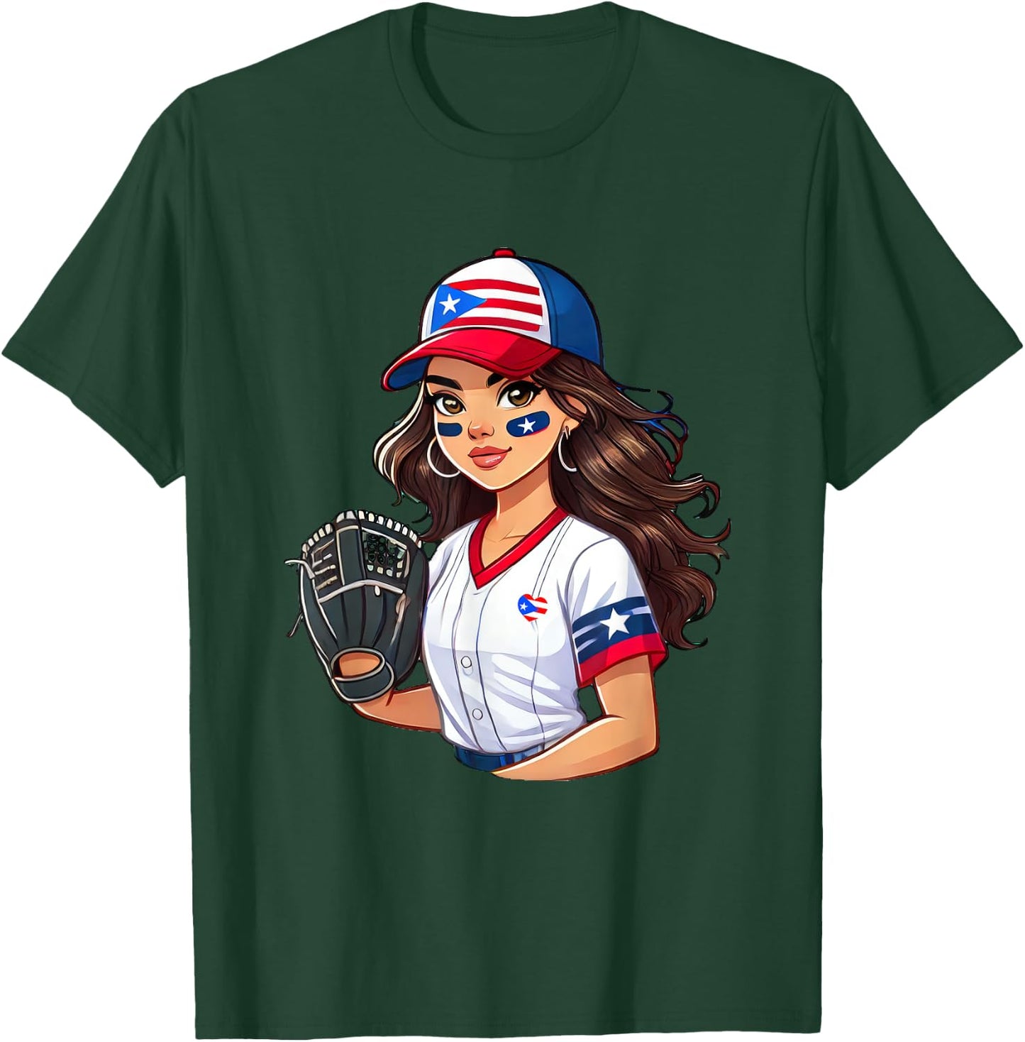 Puerto Rico Softball Baseball Boricua Flag Girl Cool T-Shirt - T-Shirt | Forest