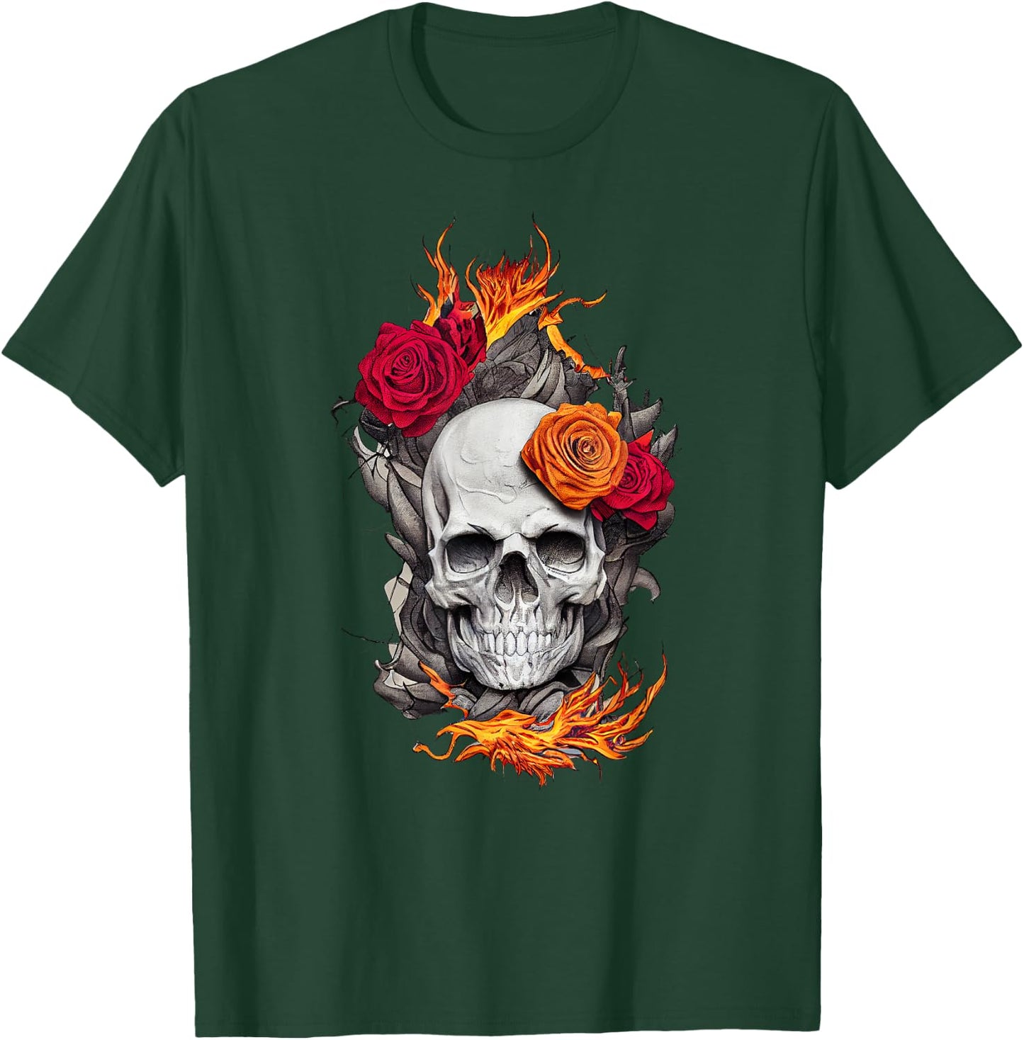 Flaming Skull and Roses T-Shirt - T-Shirt | Forest