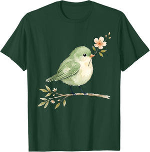Cute Bird with Flower Vintage Nature Lover Spring Aesthetic T-Shirt - T-Shirt | Forest