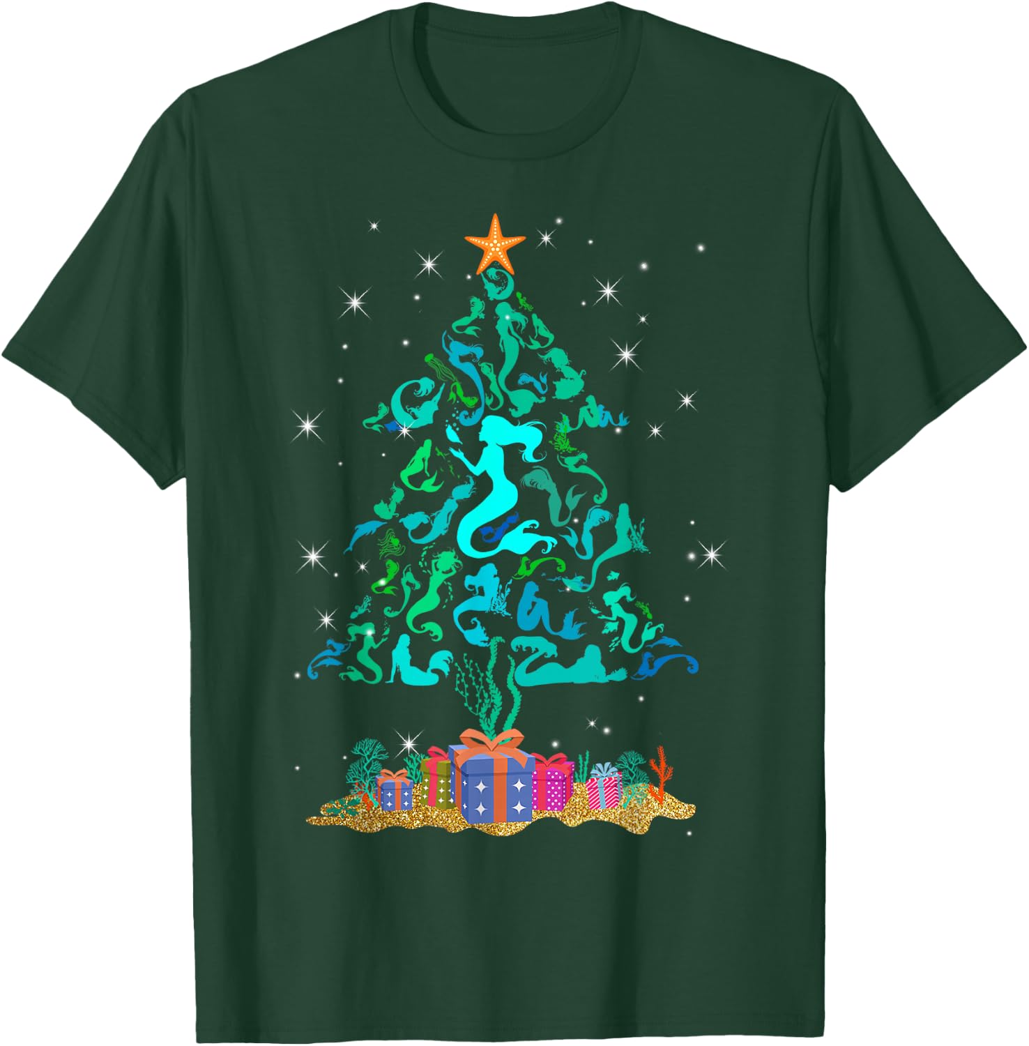 Retro Mermaid Christmas Tree Funny Mermaid Xmas T-Shirt - T-Shirt | Forest