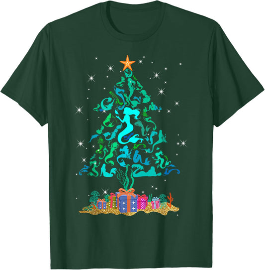 Retro Mermaid Christmas Tree Funny Mermaid Xmas T-Shirt - T-Shirt | Forest