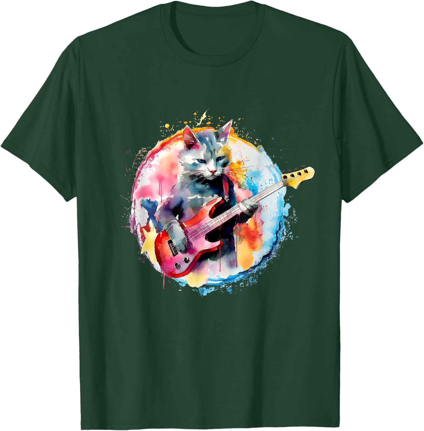 Cat Playing Bass Guitar Watercolor Graphic Design Women Girls Kids T-Shirt - T-Shirt | Forest