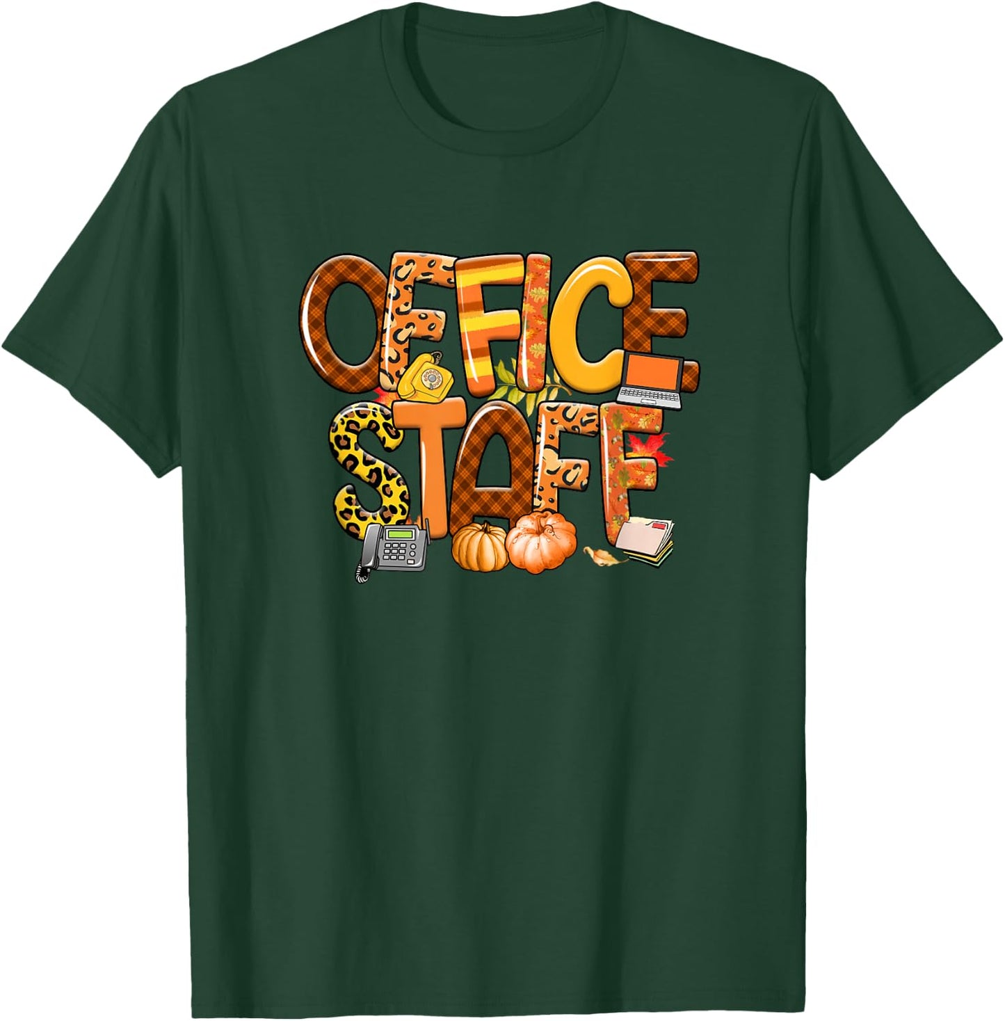 Office Staff Leopard Buffalo Plaid Pumpkin Fall Thanksgiving T-Shirt - T-Shirt | Forest