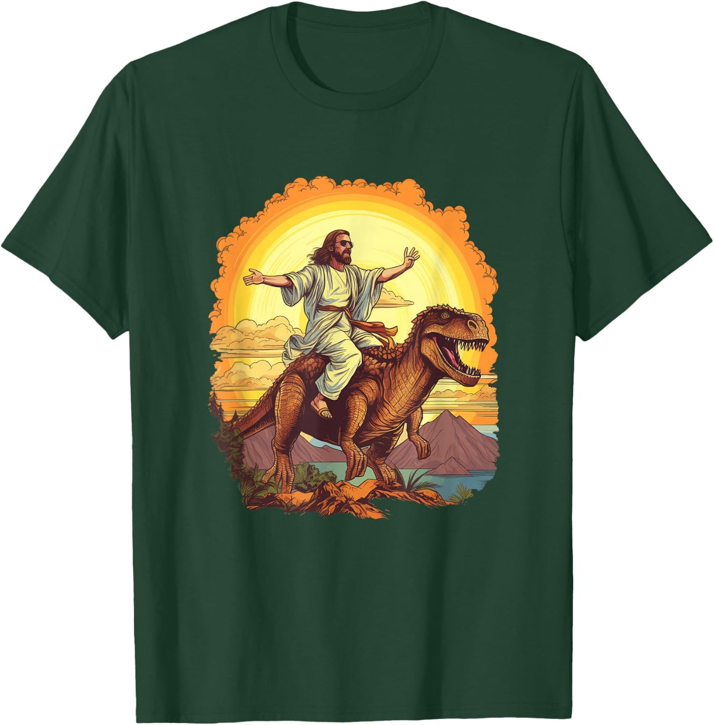 Lustiger Jesus reitender T-Rex Dinosaurier Meme Parodie für Gläubige T-Shirt - T-Shirt | Forest