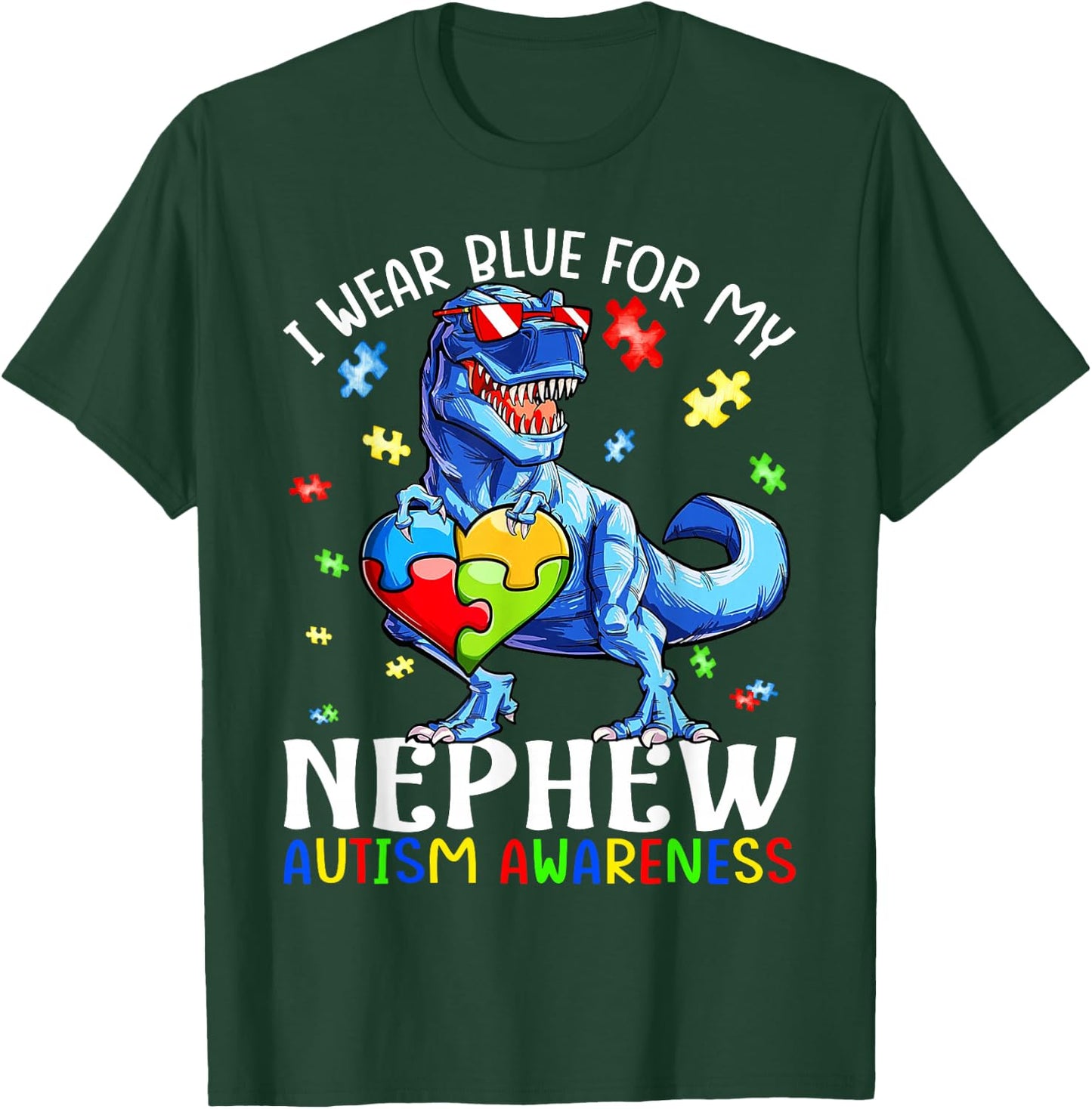 I Wear Blue For My Nephew Autism Awareness Dinosaur T Rex T-Shirt - T-Shirt | Forest