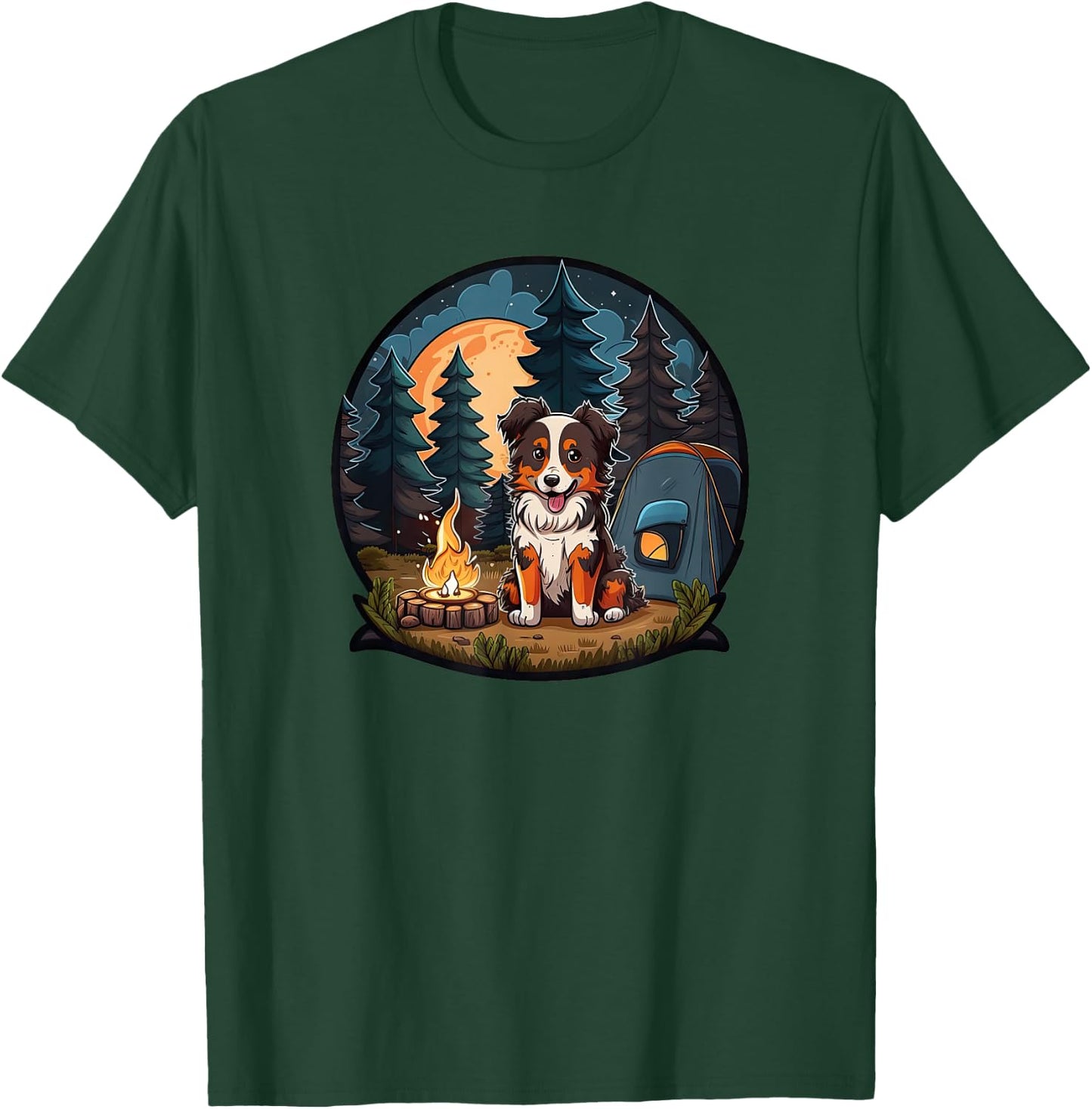 Cute Aussie Dog Camping in the Forest: Australian Shepherd T-Shirt - T-Shirt | Forest