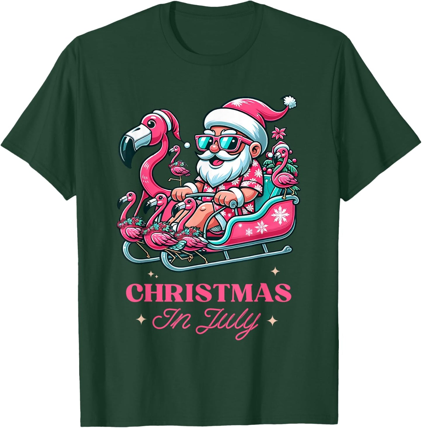 Funny Christmas in July Summer Santa Flamingo Sleigh Xmas T-Shirt - T-Shirt | Forest
