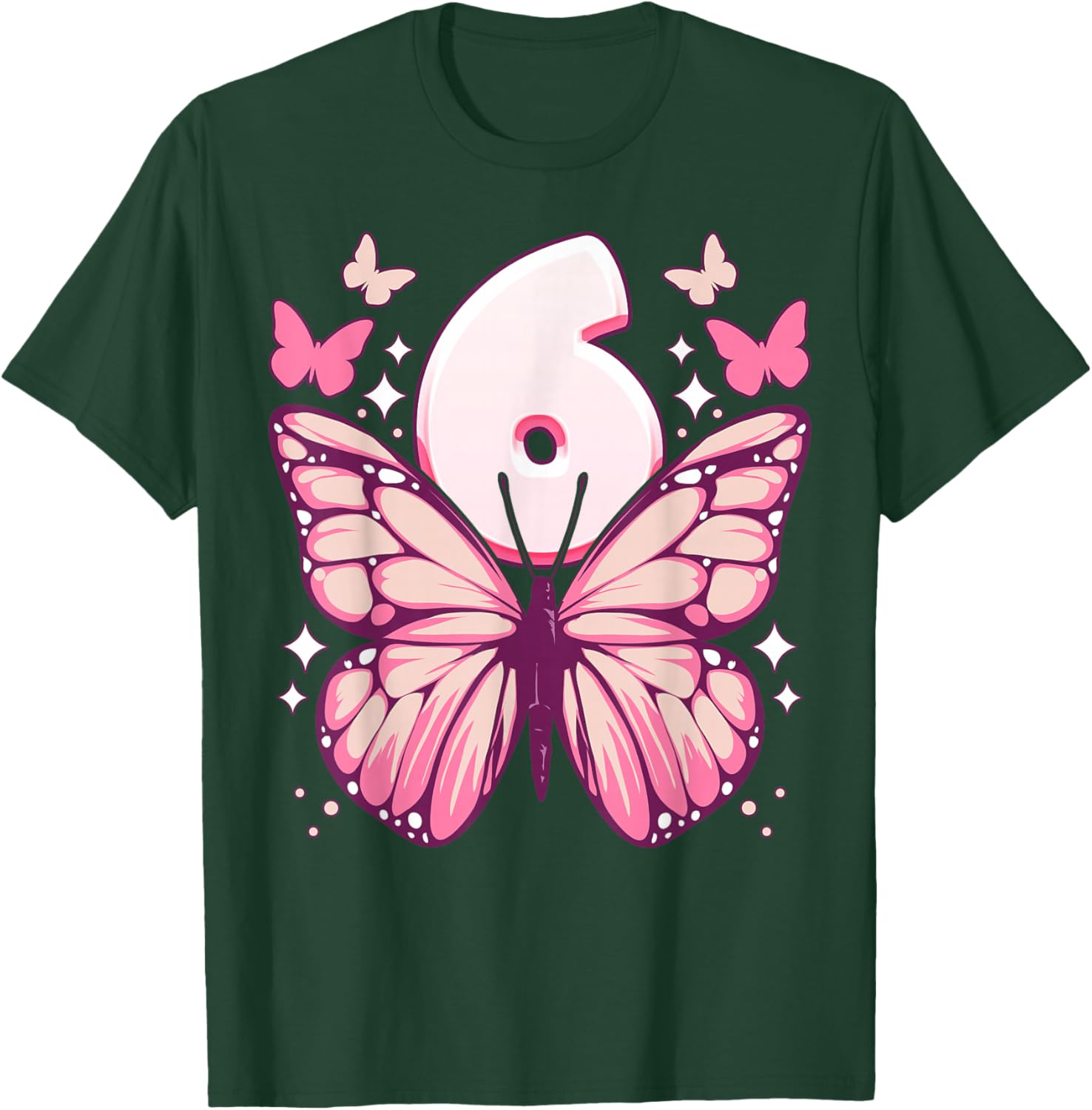 Birthday Girl 6 Years, Butterflies and Number 6 , black T-Shirt - T-Shirt | Forest