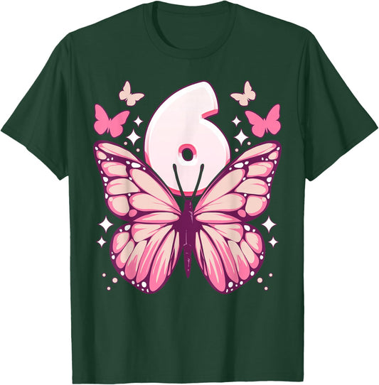 Birthday Girl 6 Years, Butterflies and Number 6 , black T-Shirt - T-Shirt | Forest