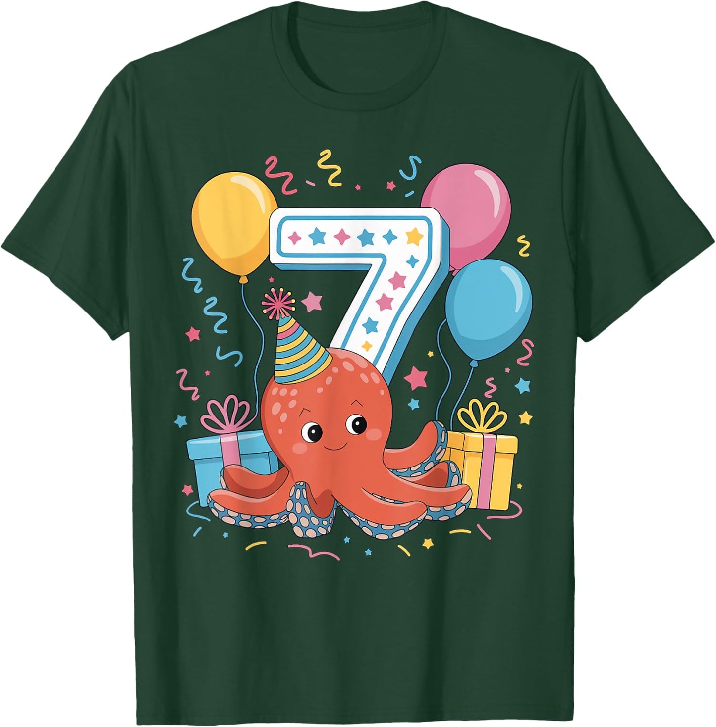 Octopus 7th birthday boy girl 7 years old seventh Octopus T-Shirt - T-Shirt | Forest