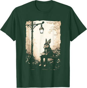 Rabbit with Book on Park Bench Bunny Lover, Men, Women, Kids T-Shirt - T-Shirt | Forest