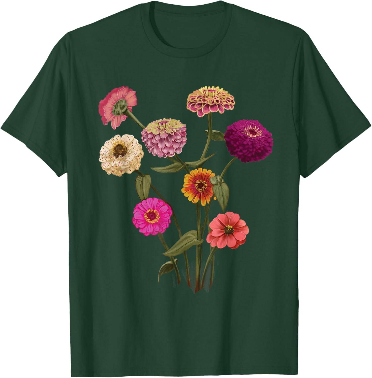 Happy Zinnia Wildflowers, Handpainted Style Graphic T-Shirt - T-Shirt | Forest