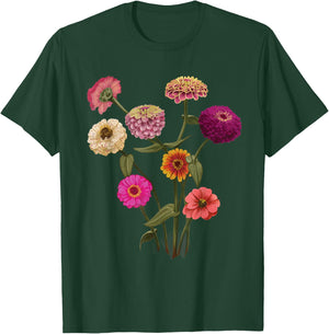 Happy Zinnia Wildflowers, Handpainted Style Graphic T-Shirt - T-Shirt | Forest