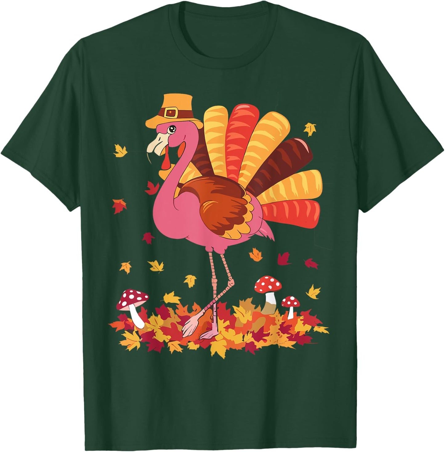 Flamingo Turkey Cute Flamingo Turkey Fall Leaf Thanksgiving T-Shirt - T-Shirt | Forest