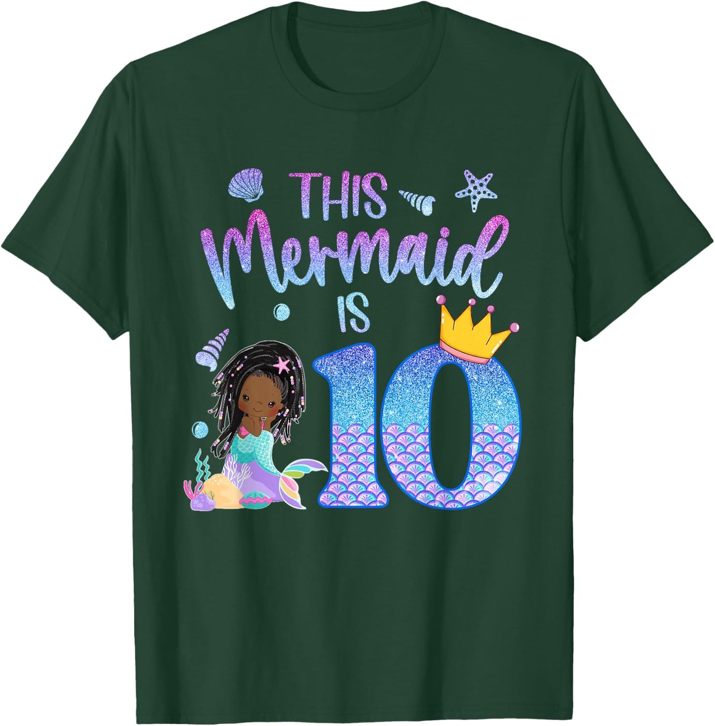 Black Mermaid 10 Year Old Girl Birthday 10th Bday Cute T-Shirt - T-Shirt | Forest