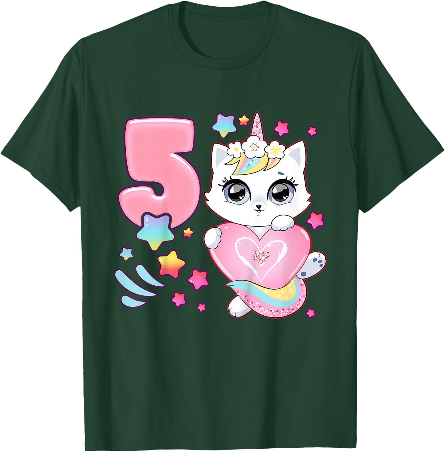 Geburtstag Mädchen 5 Jahre, Katze, Einhorn, 5. Geburtstag T-Shirt - T-Shirt | Forest