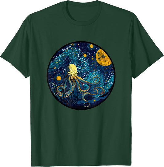Octopus in Starry Night Painting Men Women Kids T-Shirt - T-Shirt | Forest