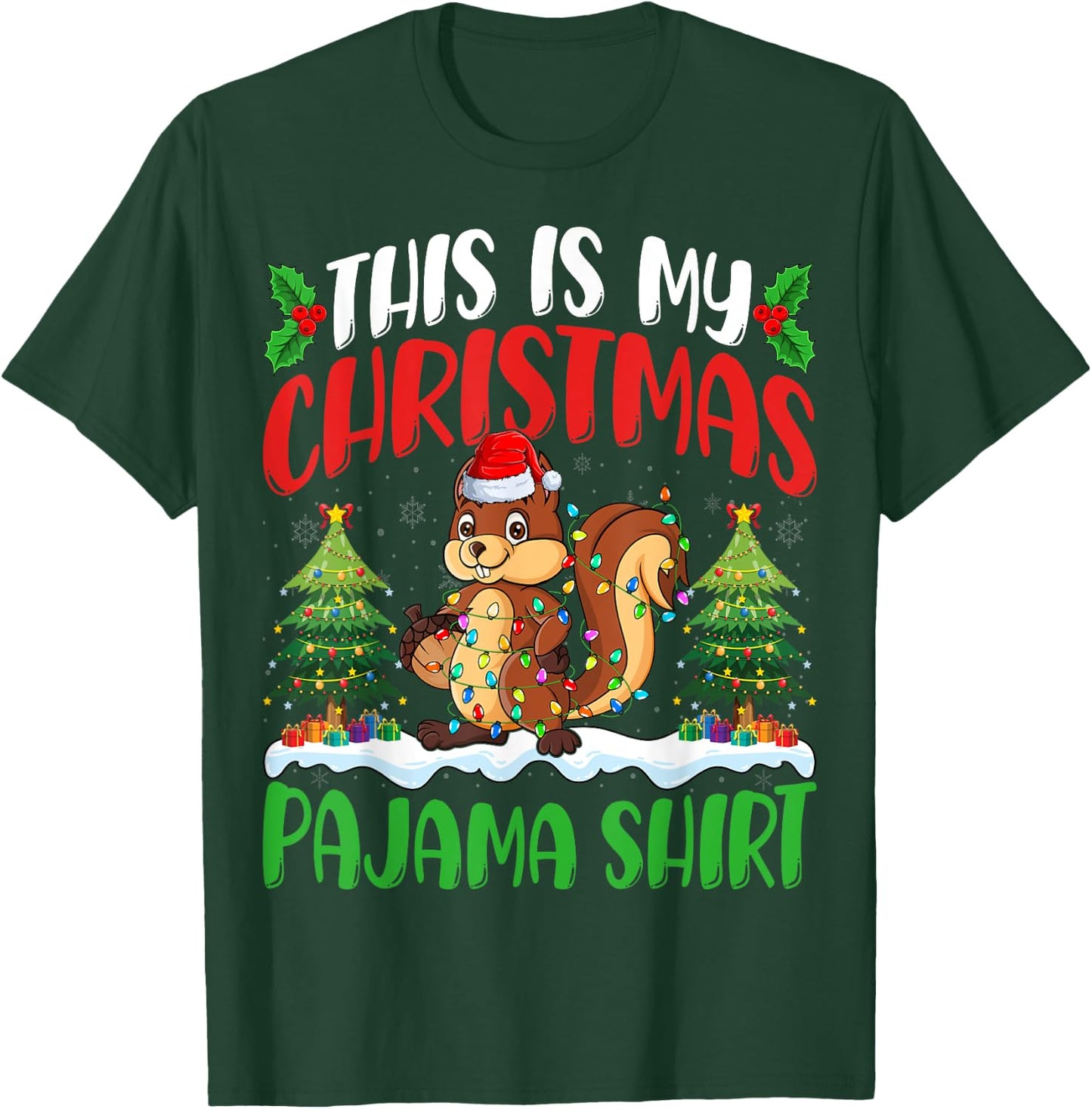 Squirrel Christmas Pajama Shirt Squirrel Xmas Lights Tree T-Shirt - T-Shirt | Forest