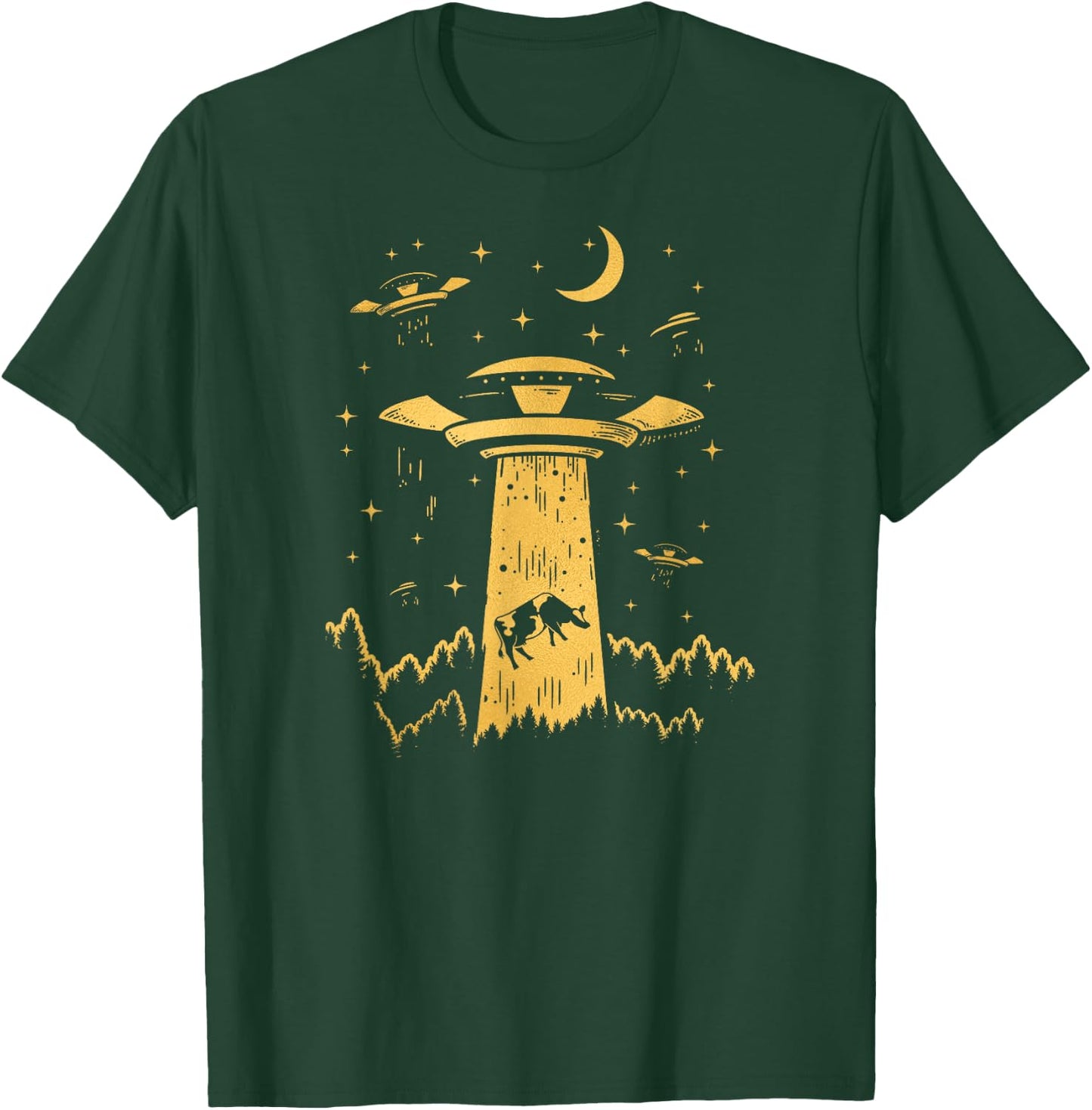 Cow Novelty UFO Alien Abduction Flying Saucer Cow Art T-Shirt - T-Shirt | Forest