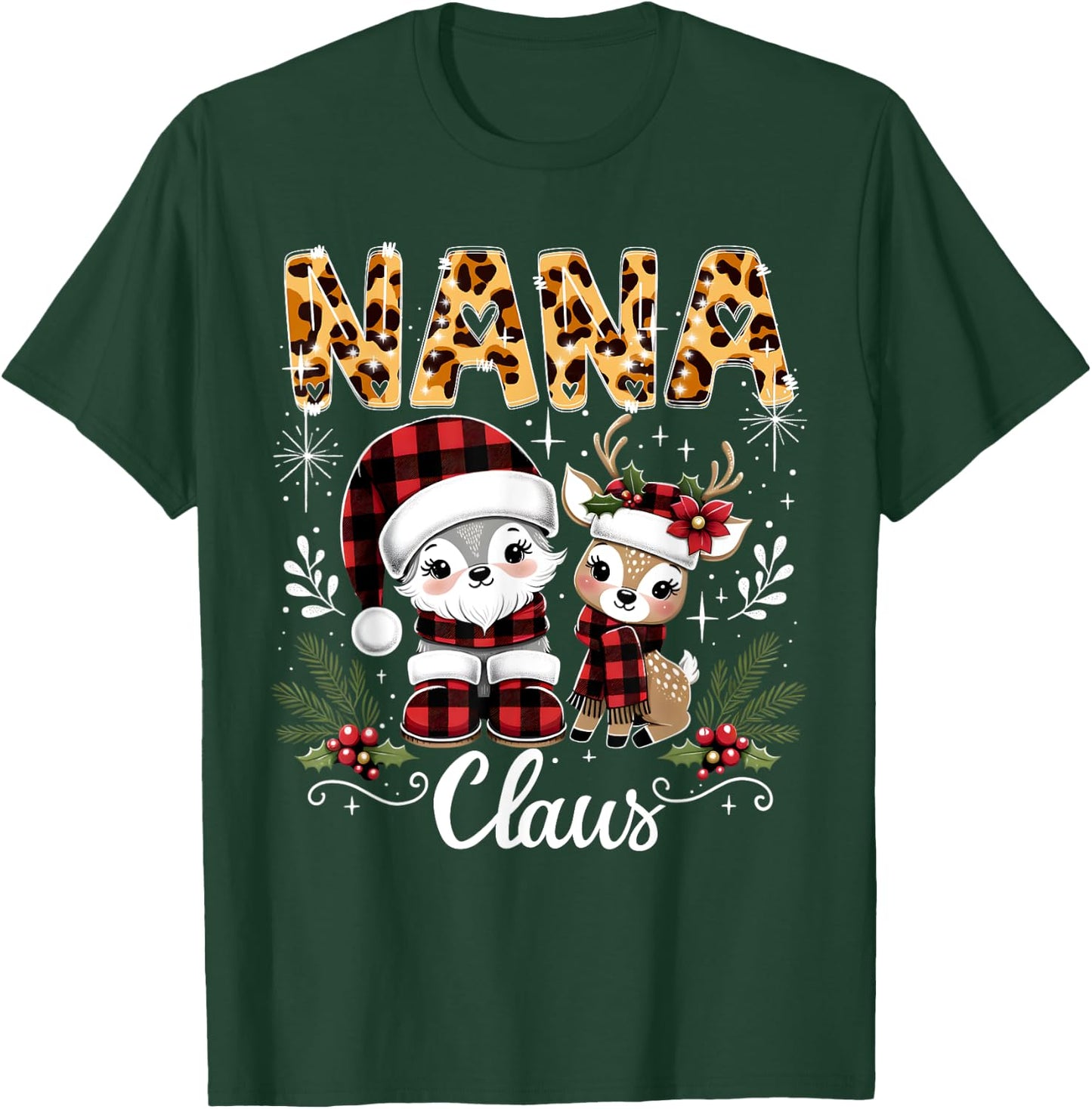 Christmas Nana Claus Grandma Leopard Buffalo Plaid Pjs Xmas T-Shirt - T-Shirt | Forest