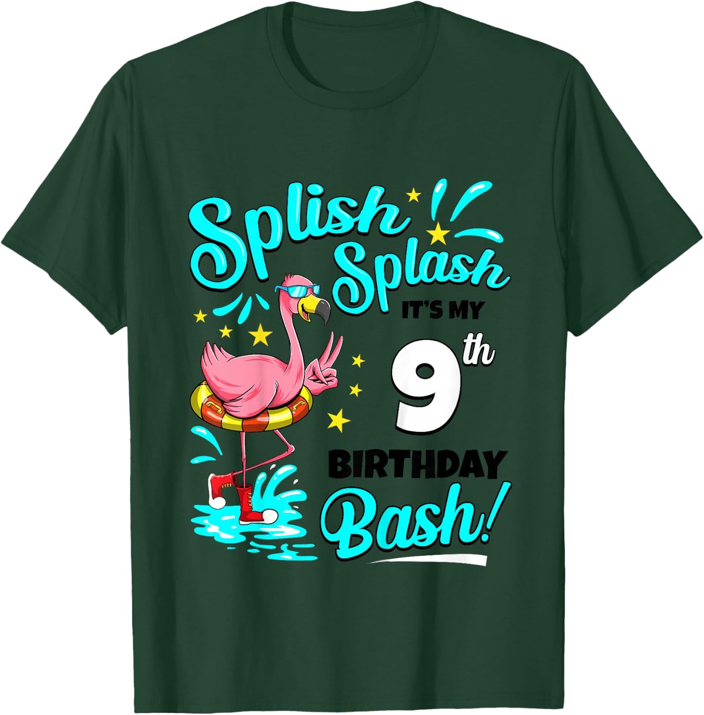 9th Birthday Flamingo 9 Years Old Pool Party Summer T-Shirt - T-Shirt | Forest