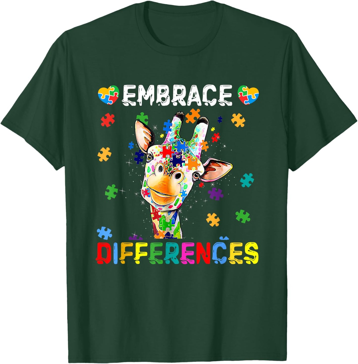 Giraffe Embrace Differences Puzzle Pieces Autism Awareness T-Shirt - T-Shirt | Forest