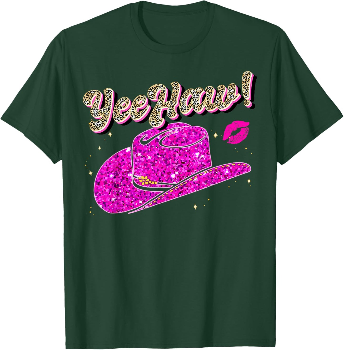 Yee Haw Howdy Pink Cowgirl Leopard Hat Yeehaw Women Girls T-Shirt - T-Shirt | Forest