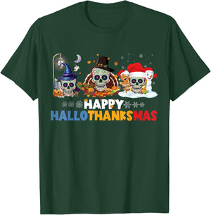 Halloween Thanksgiving Xmas Happy Hallothanksmas Sugar Skull T-Shirt - T-Shirt | Forest