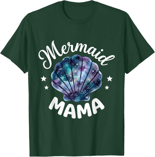 Mama of The Birthday Mermaid Shell Pink Flower Matching T-Shirt - T-Shirt | Forest
