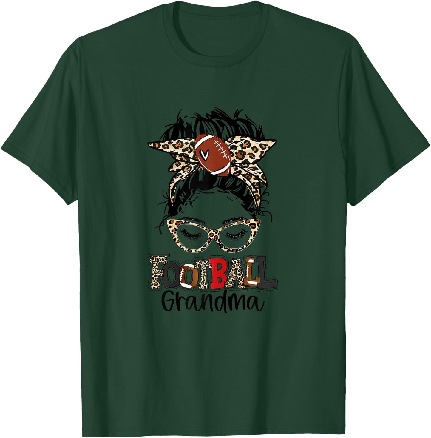 Leopard Messy Bun Football Grandma Game Day Mothers Day T-Shirt - T-Shirt | Forest