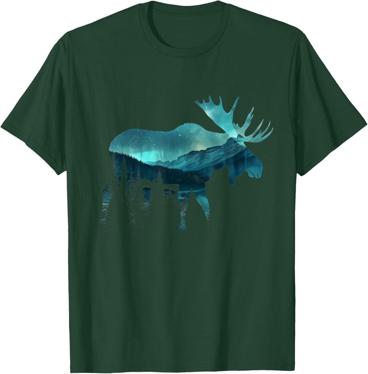 Moose Northern Light Winter Hiking Alaska Nature Lover T-Shirt - T-Shirt | Forest