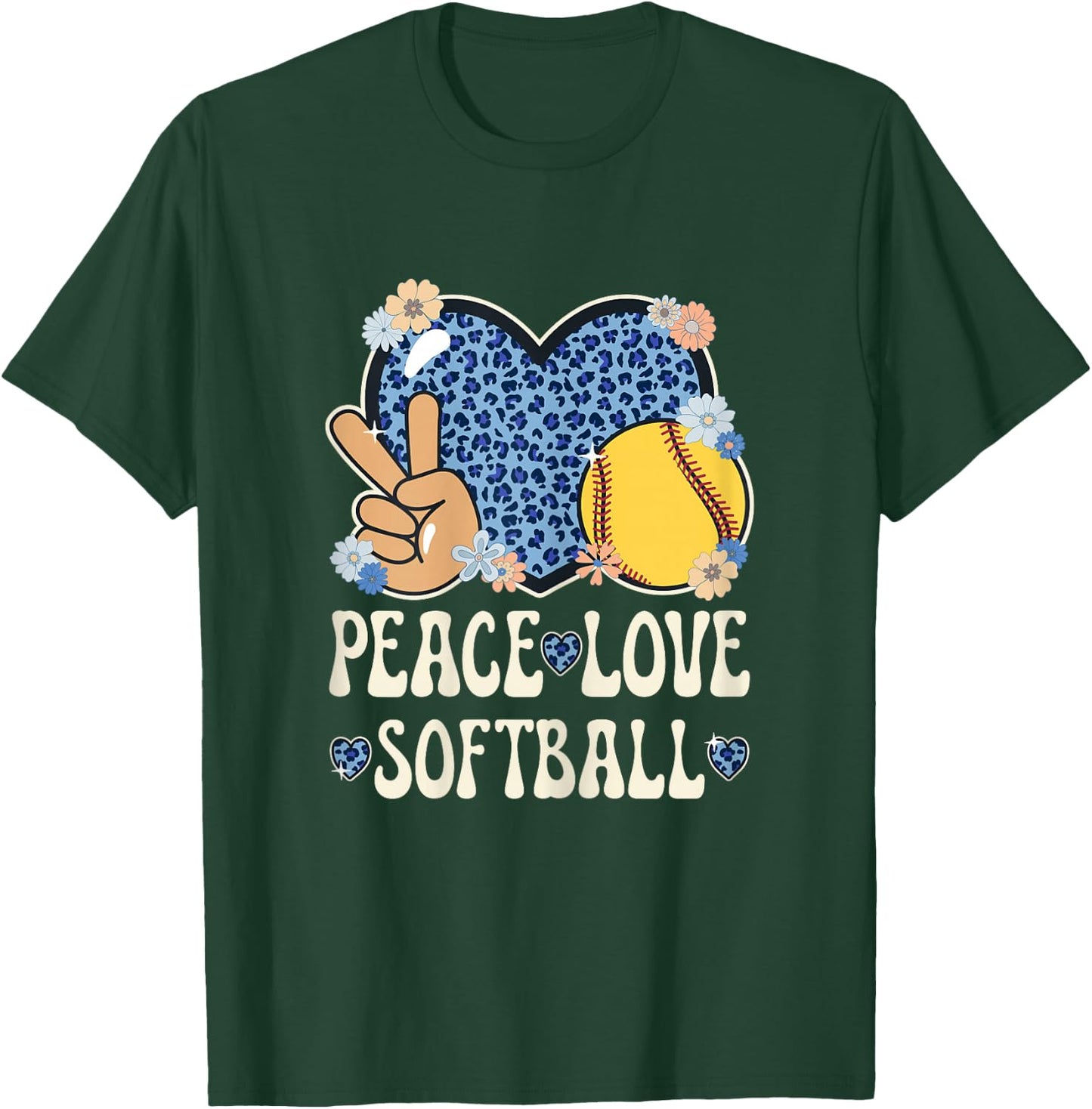 Peace Love Softball Lover Leopard Print Girls Cute Softball T-Shirt - T-Shirt | Forest