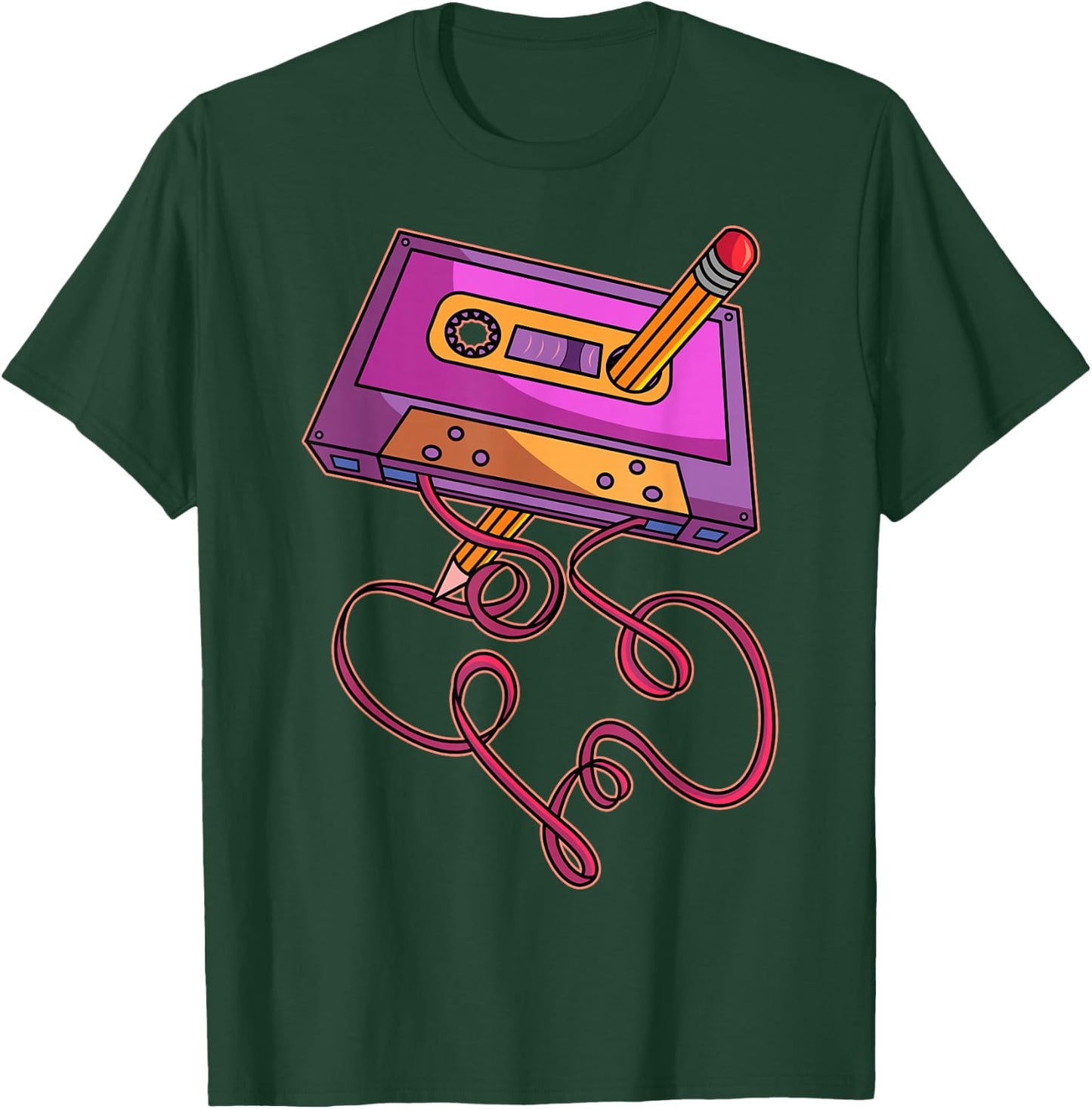 80s Cassette Tape Pencil 1980s Retro Vintage Throwback Music Short Sleeve T-Shirt - T-Shirt | Forest