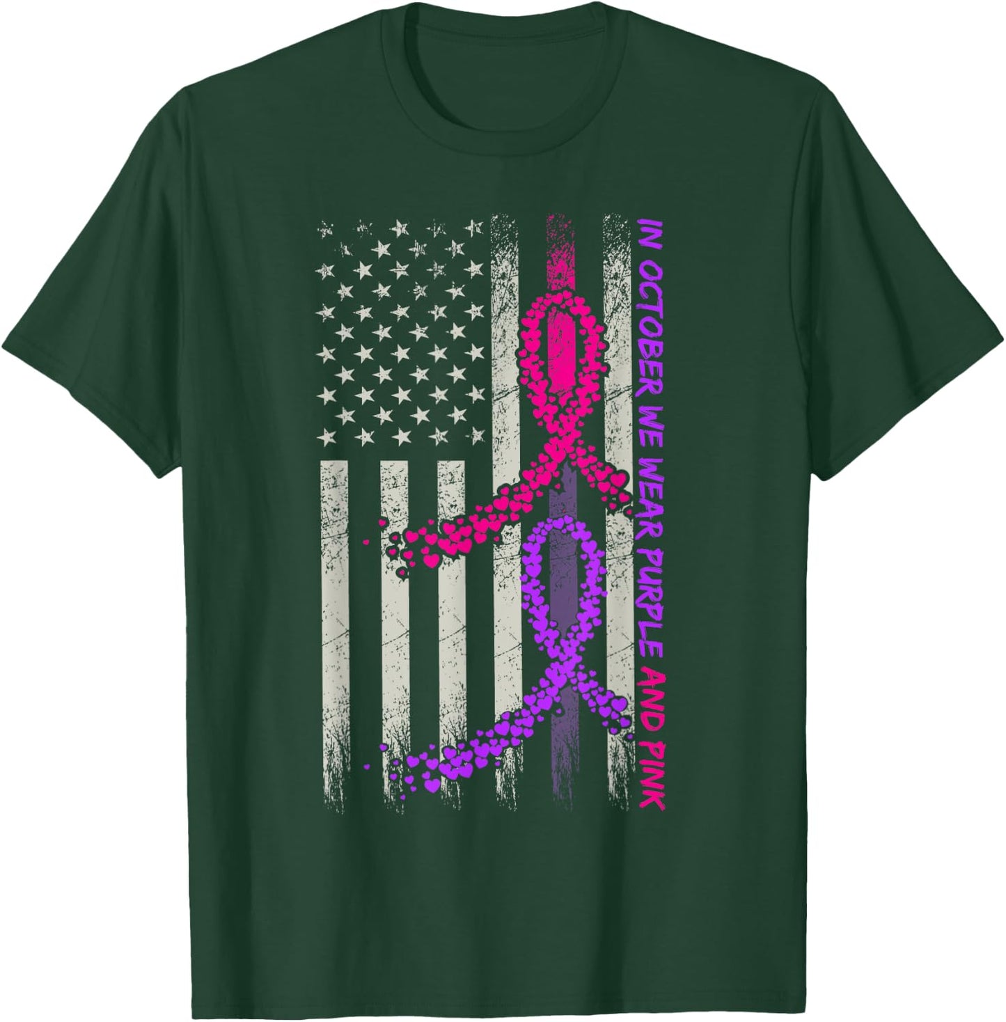 American Flag Breast Cancer and Domestic Violence Awareness T-Shirt - T-Shirt | Forest