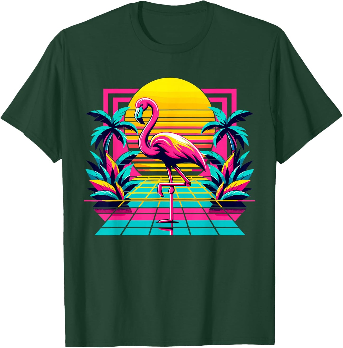 Pink Flamingo Palm Trees Tropical Summer T-Shirt - T-Shirt | Forest