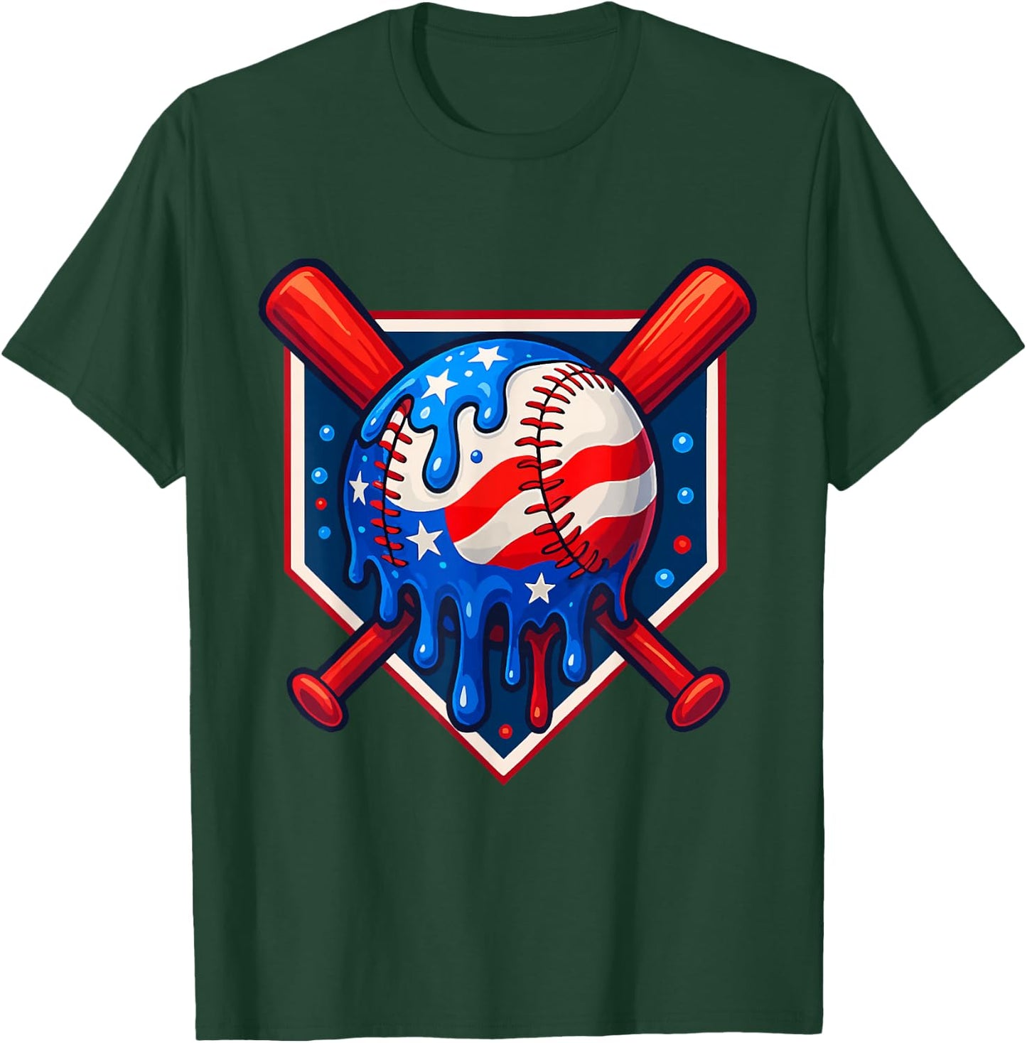 Funny America Baseball Drip Ice Cream 4th Of July US Flag T-Shirt - T-Shirt | Forest