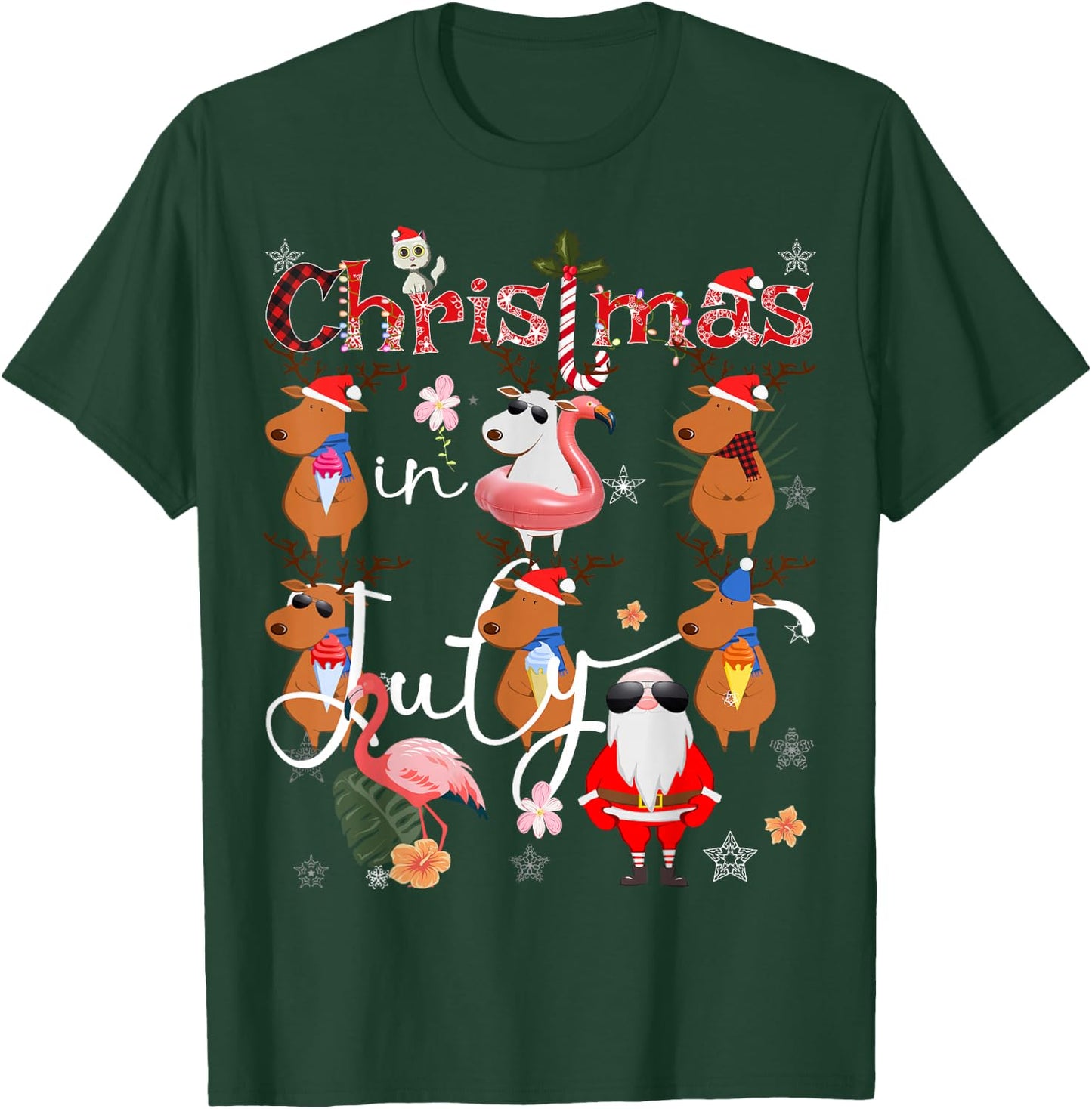 Christmas in July Funny Santa Reindeer Flamingos Summer T-Shirt - T-Shirt | Forest