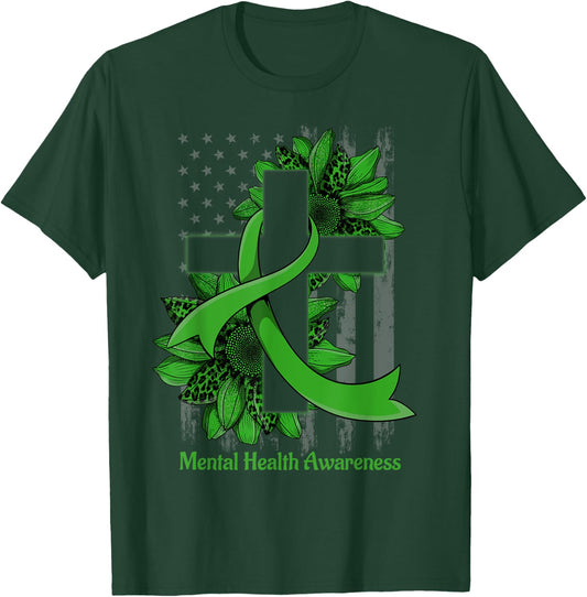 Green Sunflower Christian Cross Mental Health Awareness T-Shirt - T-Shirt | Forest