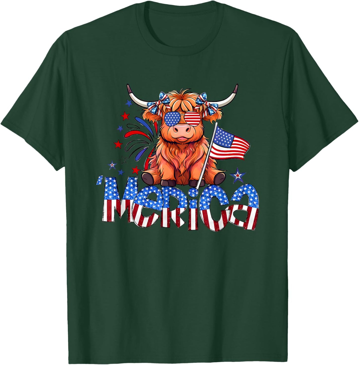 Retro Merica 4th Of July Highland Cow Women Men T-Shirt - T-Shirt | Forest