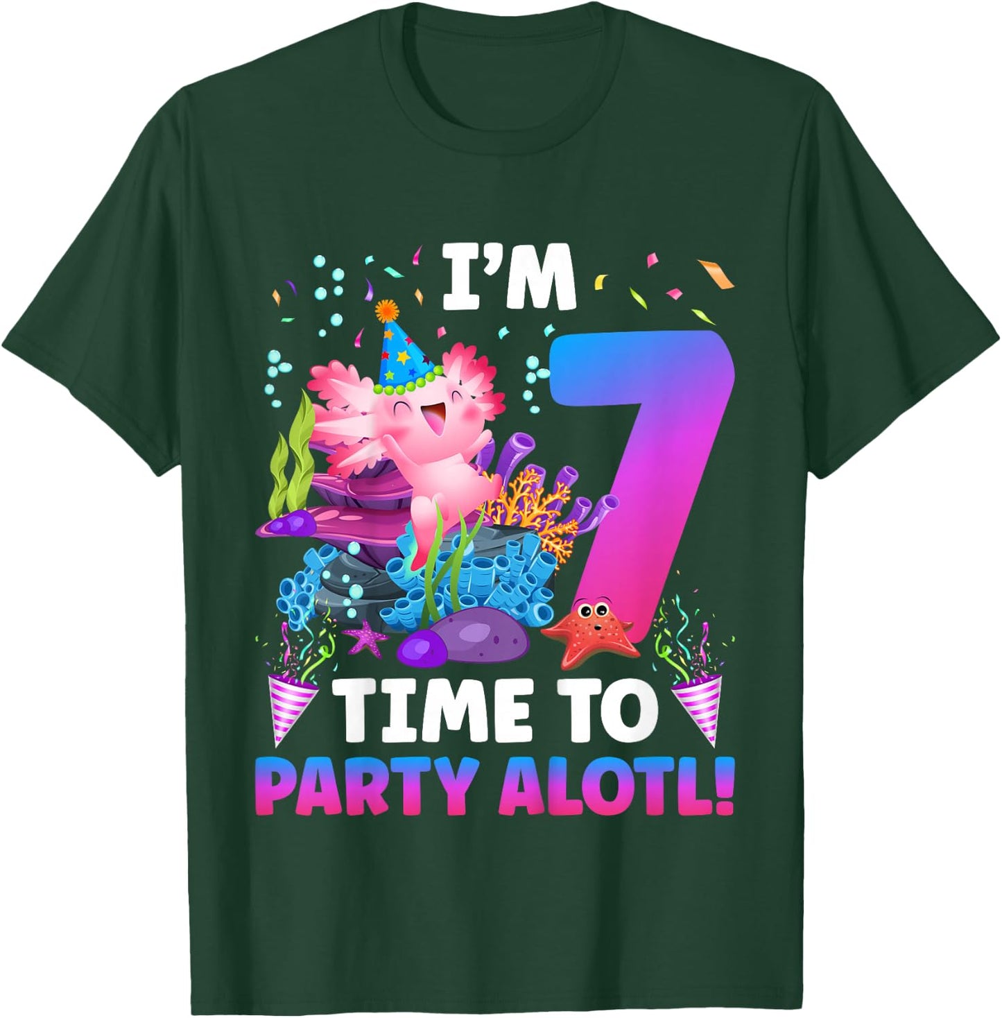Kids 7th Axolotl Birthday Seven Year Old Axolotl Birthday Party T-Shirt - T-Shirt | Forest