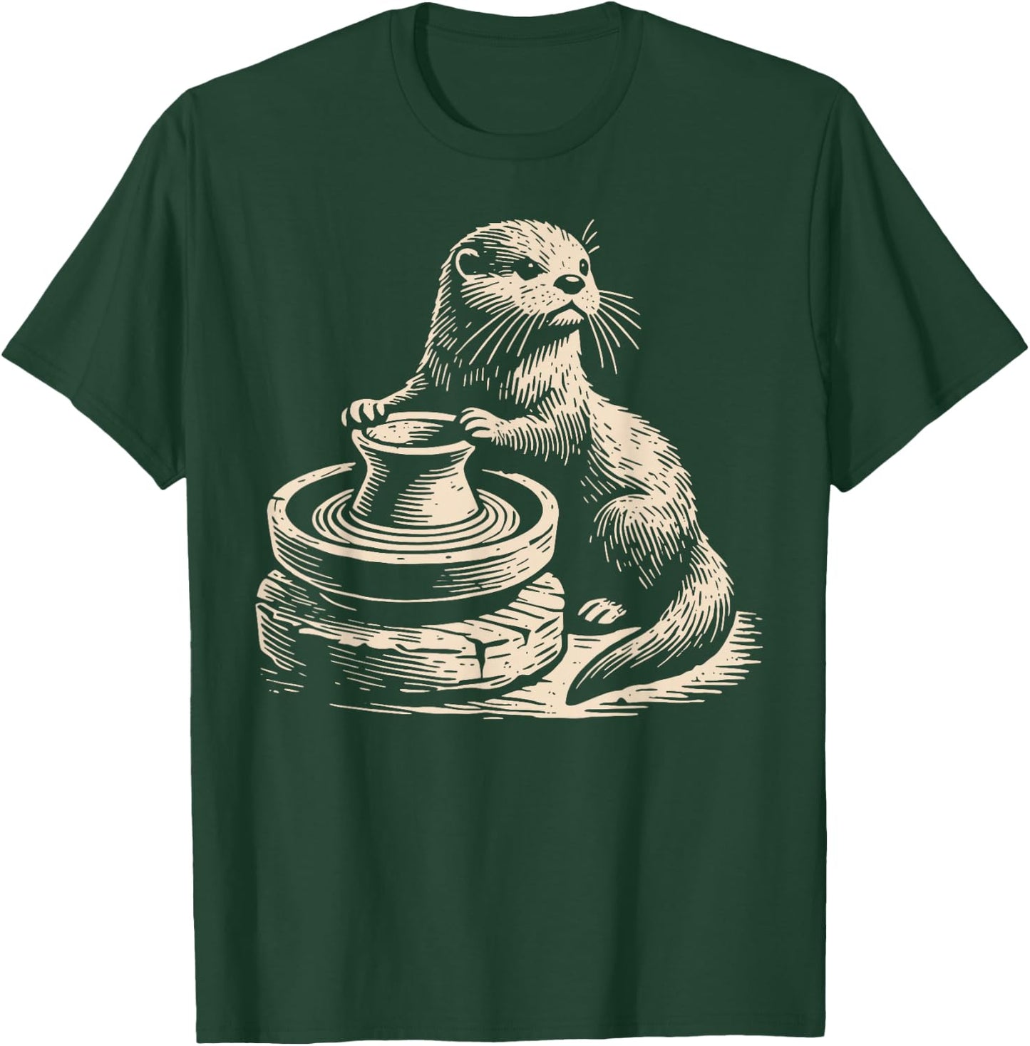 Retro Cute Otter At Pottery Wheel Throwing Ceramic Artist T-Shirt - T-Shirt | Forest