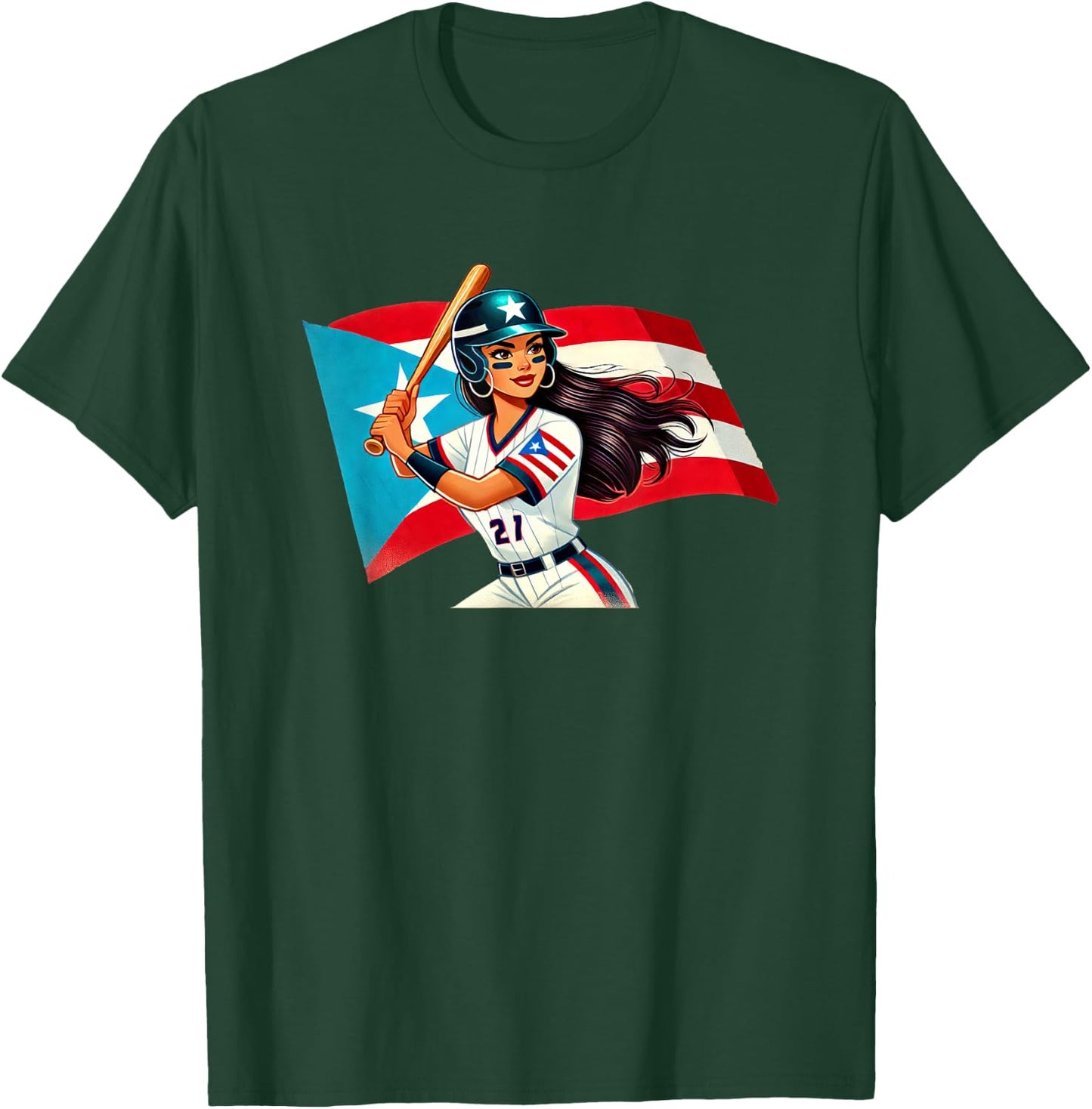 Puerto Rico Softball Baseball Boricua Flag Bat Helmet T-Shirt - T-Shirt | Forest
