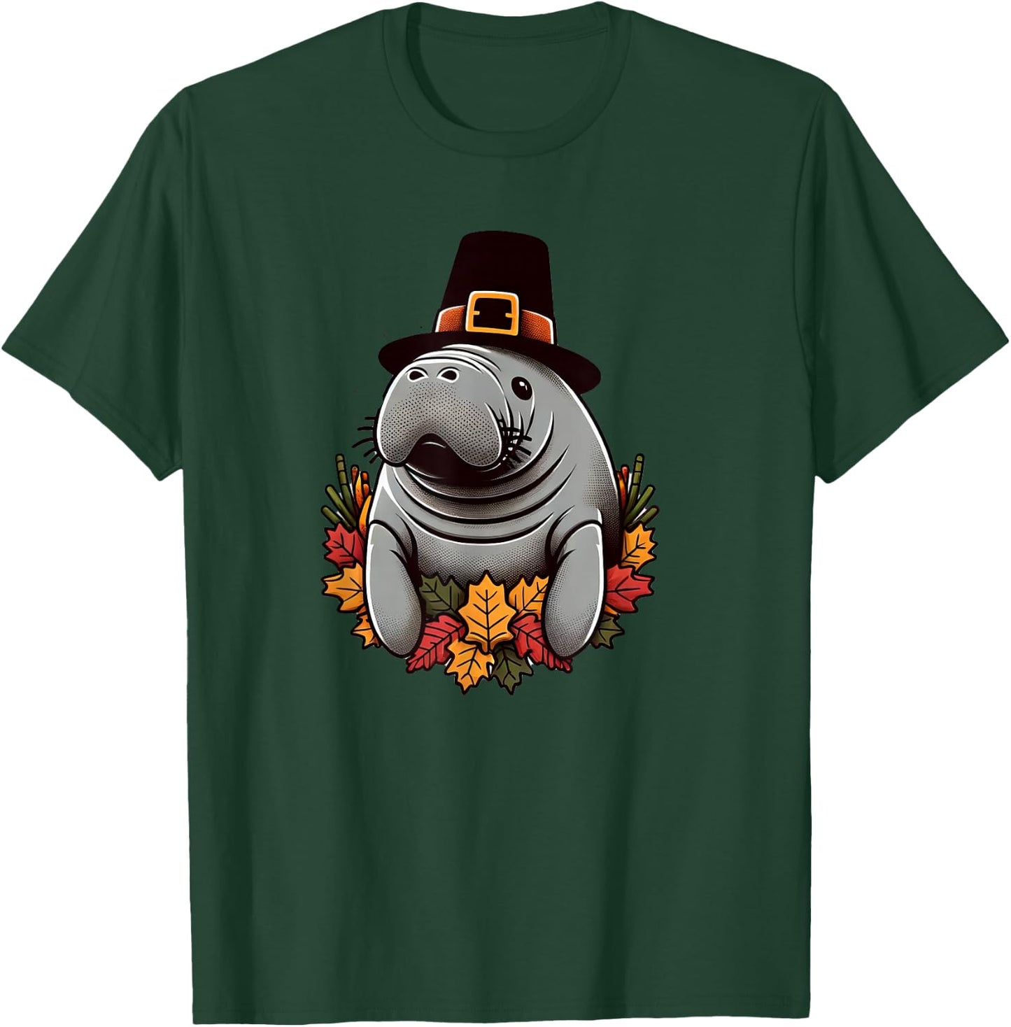 Thanksgiving Manatee Pilgrim Hat Sea Cow Autumn Fall T-Shirt - T-Shirt | Forest
