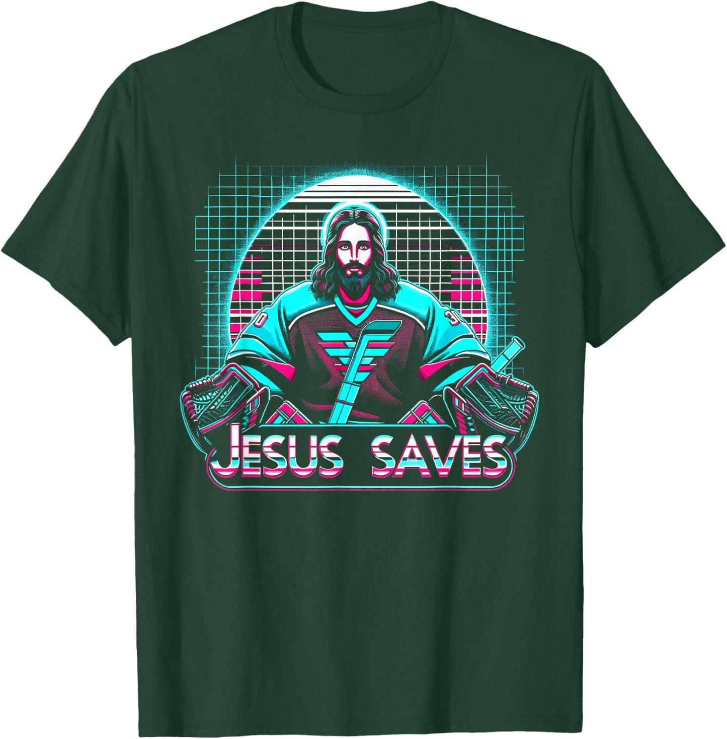 Vaporwave Jesus Saves Ice Hockey Goalie T-Shirt - T-Shirt | Forest