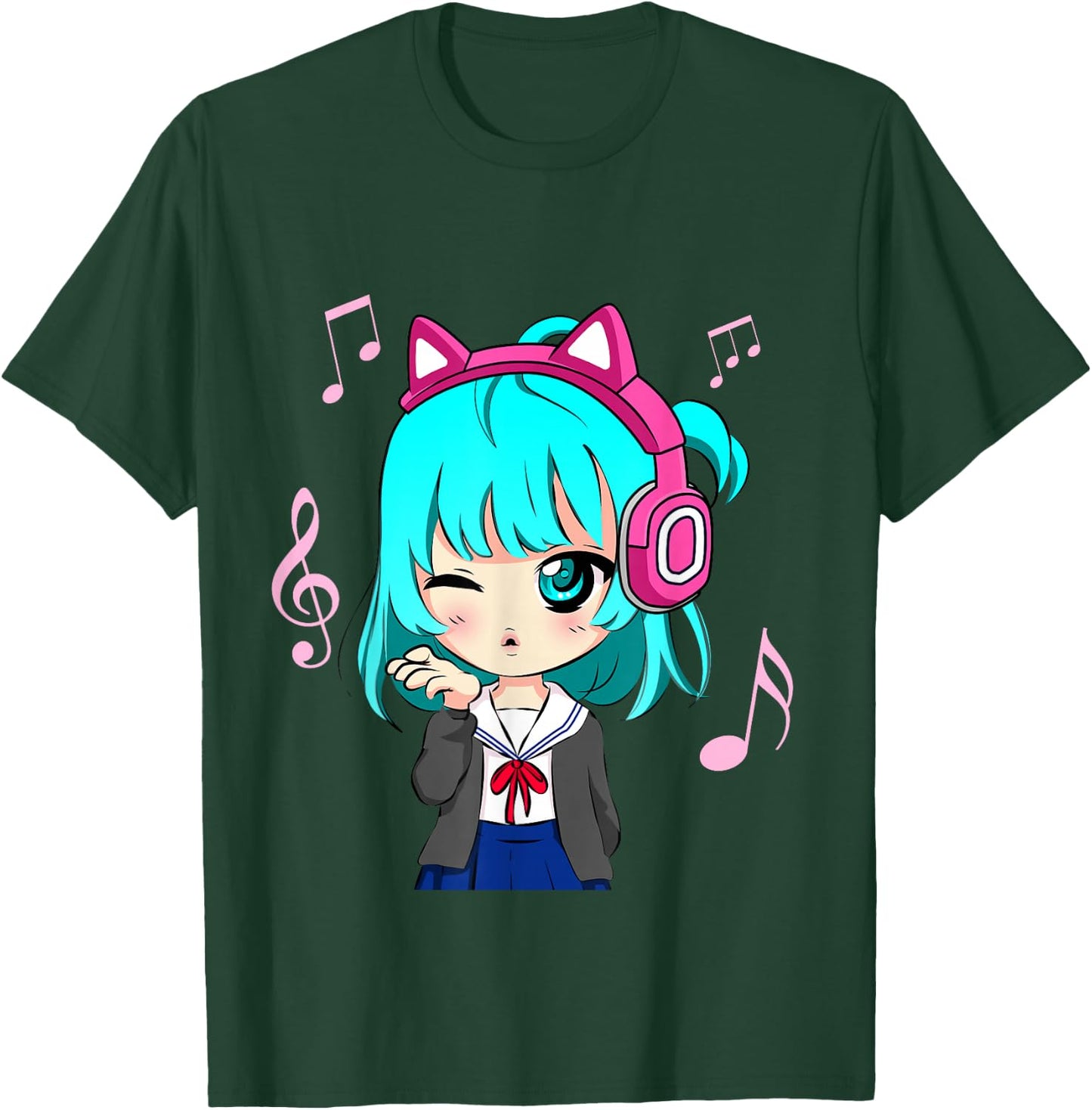 Anime and Music Girl for Teen Chibi Graphic Anime Girl Small T-Shirt - T-Shirt | Forest